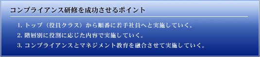コンプライアンス研修を成功させるポイント1. トップ(役員クラス)から順番に若手社員へと実施していく。2. 階層別に役割に応じた内容で実施していく。3. コンプライアンスとマネジメント教育を融合させて実施していく。